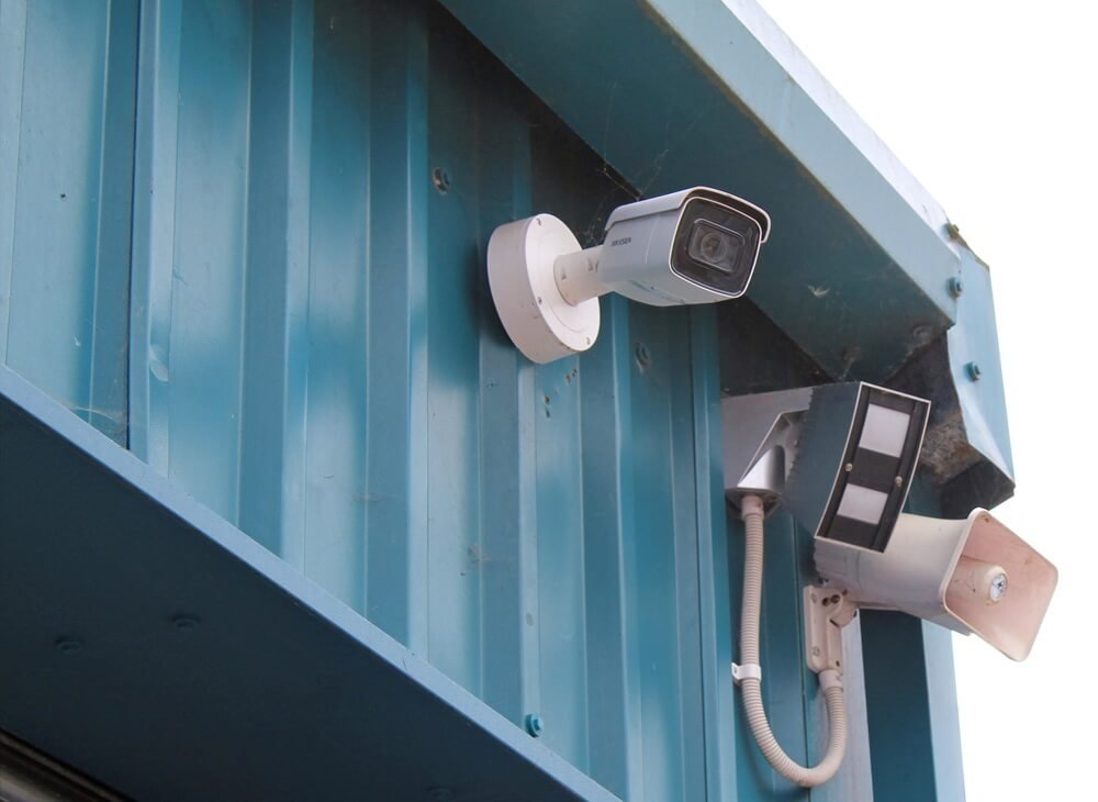 Construction Site CCTV Camera Mounted on Blue Steel Unit